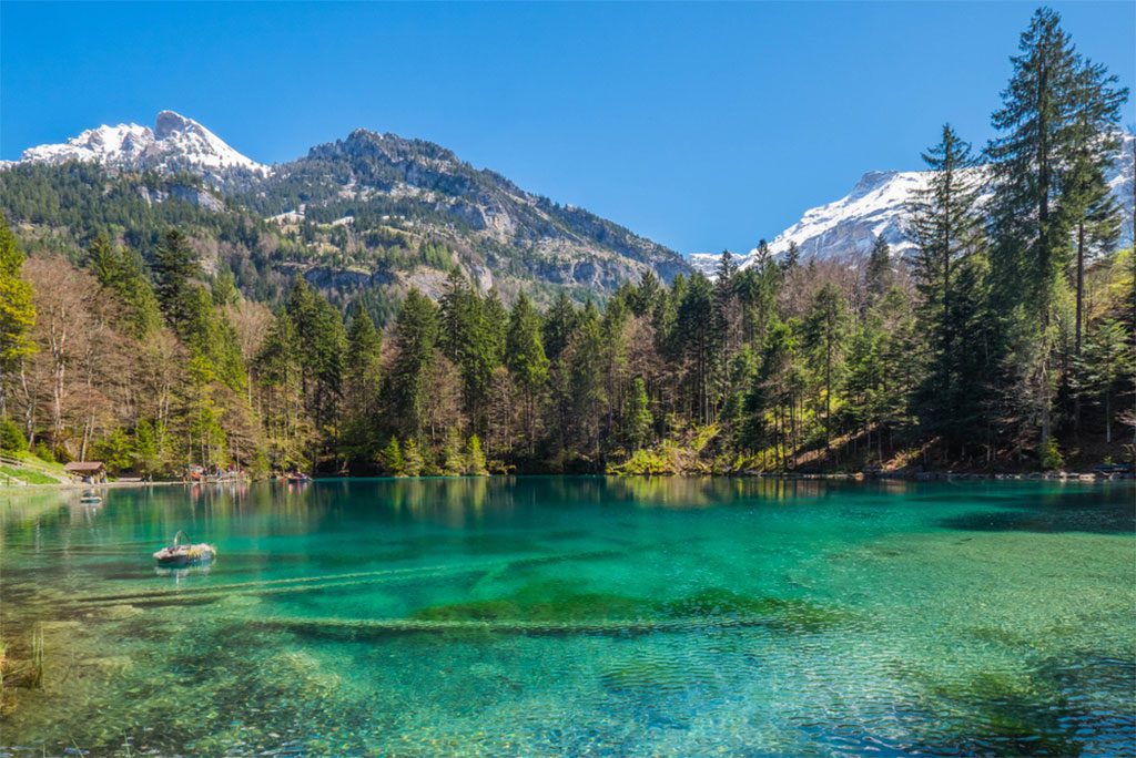 Scenic view of Blausee lake, Switzerland