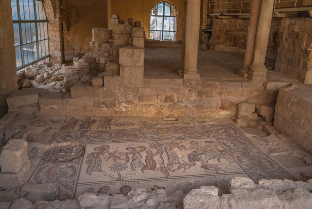 Ancient Roman mosaic in the Church of the Apostles, Madaba, Jordan