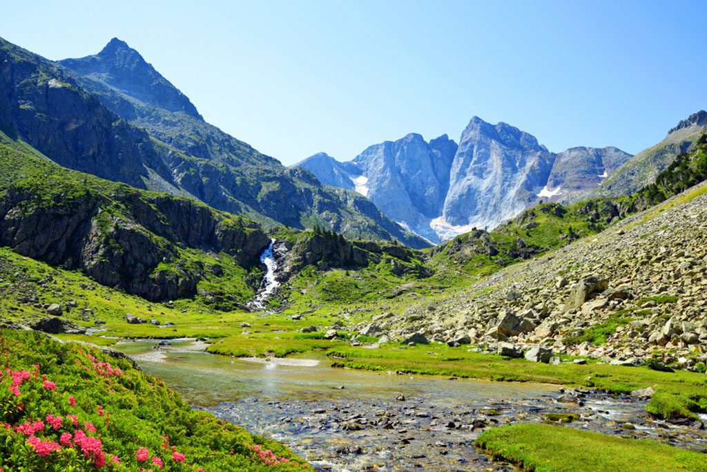 Majestic view of the Vignemale mountain in the Pyrenees National Park in Occitanie, South of France.