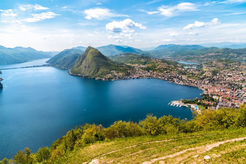 Scenic view of lake Lugano and Monte San Salvatore