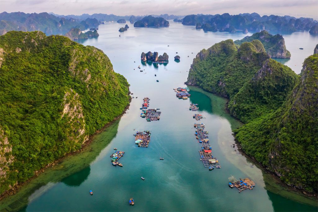 Aerial view of floating fishing village in Halong Bay, Vietnam