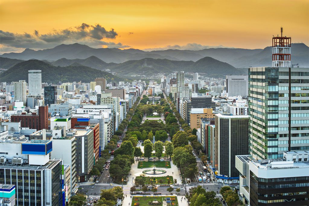 Cityscape of Sapporo, Japan with skyscrapers and odori park