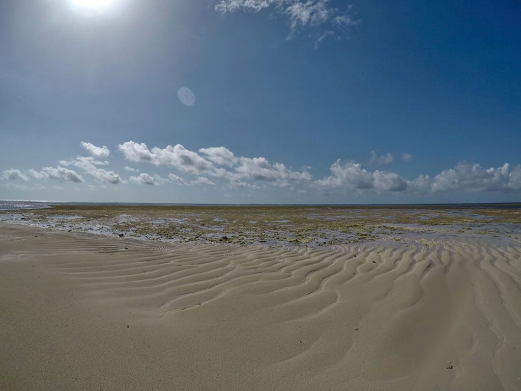 Sandbar and exposed reef at low tide in Malindi Marine National Park, Kenya, with blue sky, white clouds and bright sun overhead.