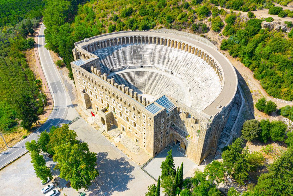 Aerial view of the ancient Aspendos amphitheater
