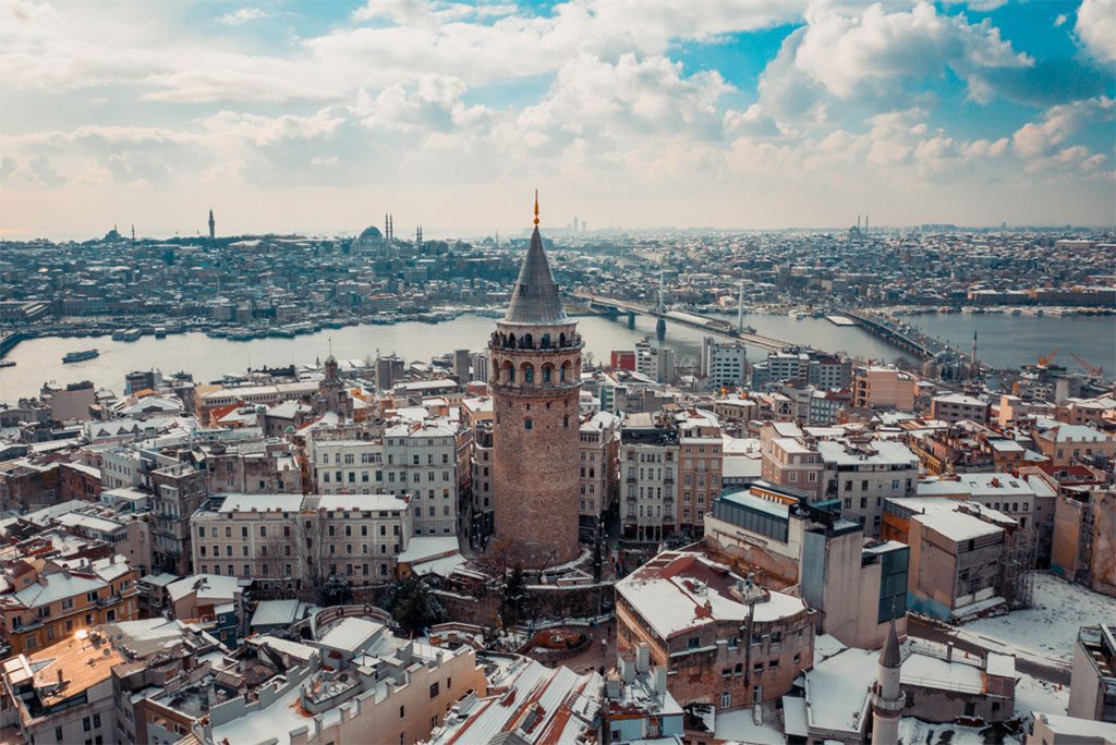 Aerial view of Galata Tower in winter