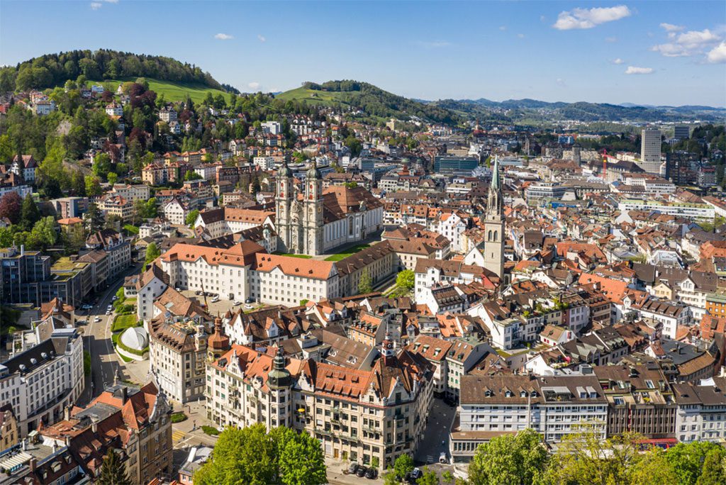 View of the Saint Gallen old town with its famous monastery and catholic cathedral in Switzerland