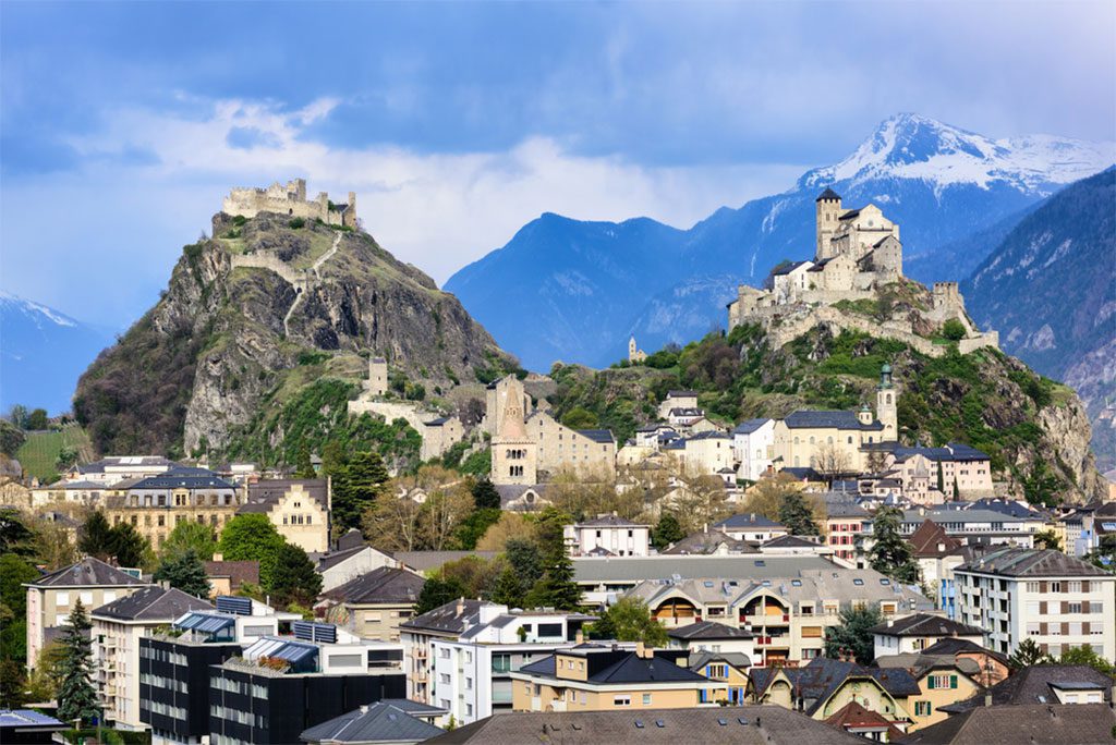 Historical Sion town with its two castles, Chateau de Tourbillon and Valere Basilica, spectacular set in the Swiss Alps mountains, canton Valais, Switzerland.