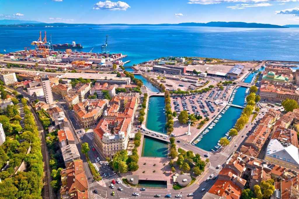 Aerial view of Rijeka, Croatia showing the Rjecina river Delta and Kvarner gulf