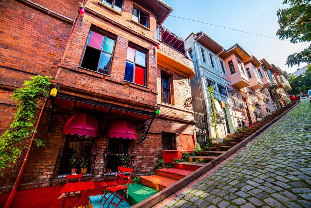 Colorful houses in old city Balat, Fatih, Istanbul, Turkey.