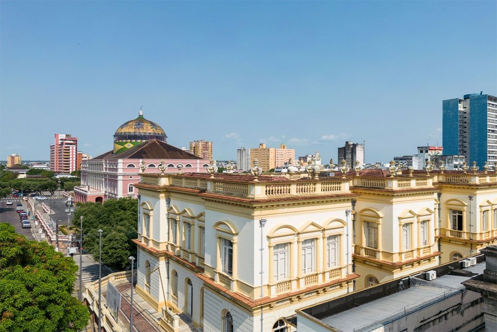 Aerial view of historic buildings in central Manaus, Amazonas, Brazil.