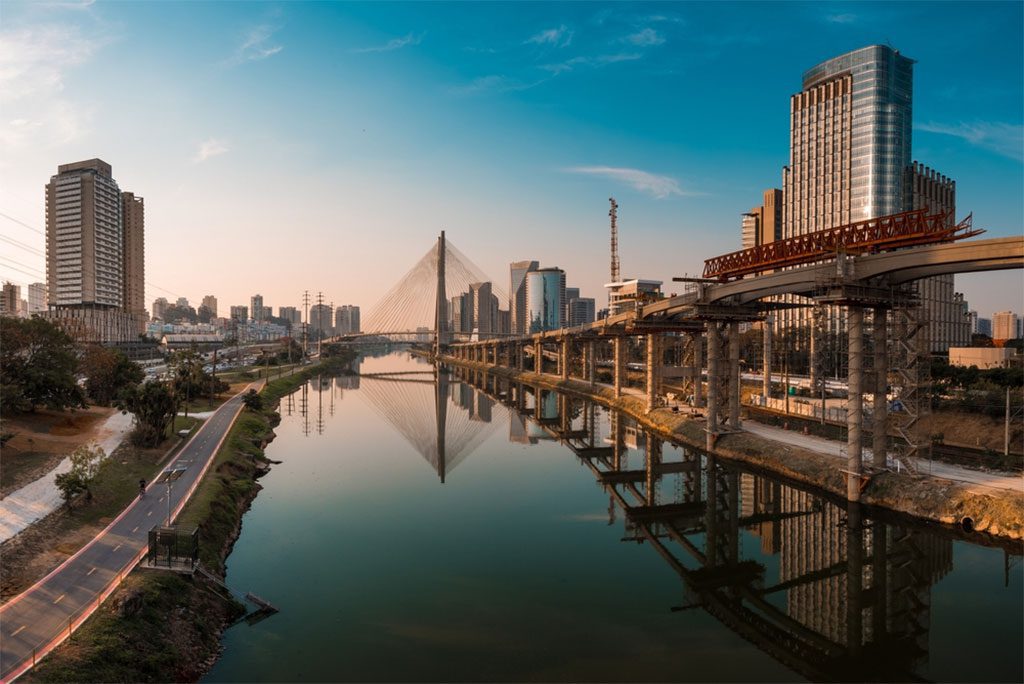 View of Pinheiros River and Octavio Frias de Oliveira Bridge in Sao Paulo City. 