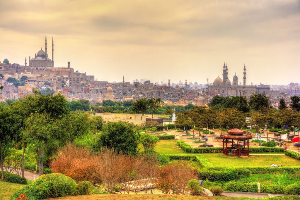View of the Citadel with Muhammad Ali Mosque from Al-Azhar Park in Cairo, Egypt.