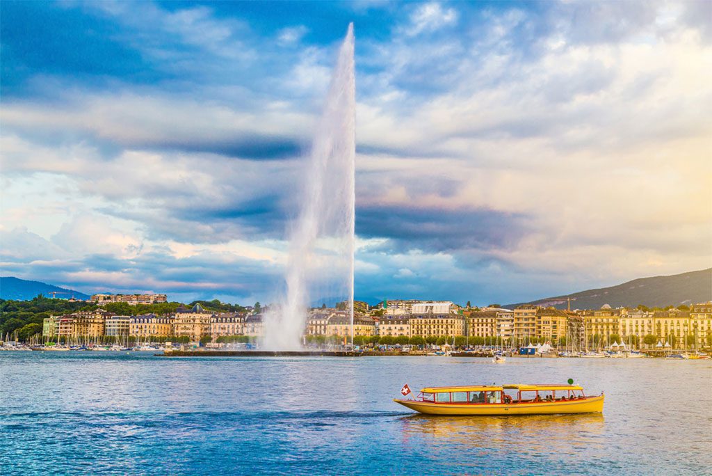 Panoramic View of Geneva Skyline with Jet d'Eau Fountain in Switzerland
