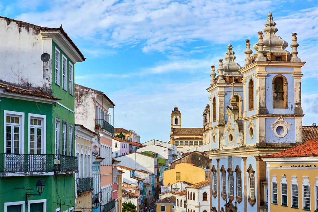 View of the colorful colonial architecture and cobblestone streets of Pelourinho, Salvador Bahia, Brazil.