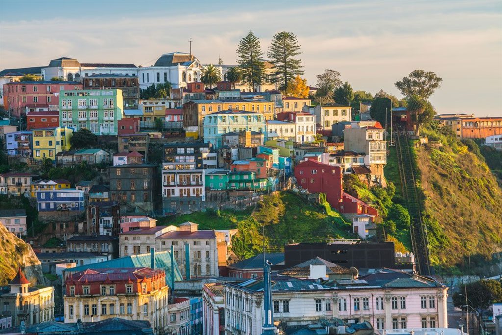 Colorful buildings in the city of Valparaiso, Chile.