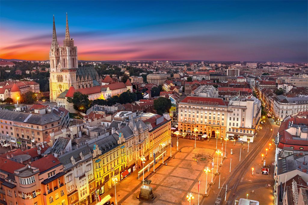 Aerial view of Zagreb, Croatia at sunset with Ban Jelacic Square in the center