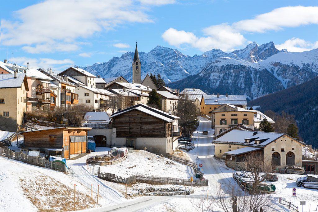 Guarda village at a beautiful sunny day in winter, Lower Engadine, Graubunden, Switzerland.