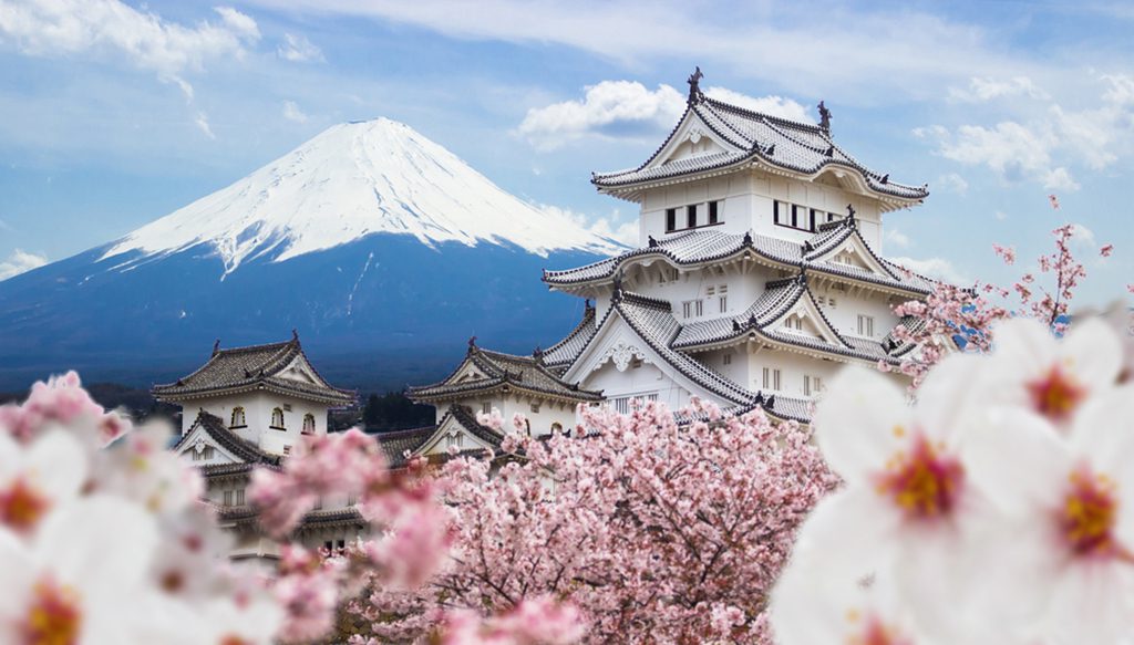 Himeji Castle with cherry blossoms and Mount Fuji, Japan
