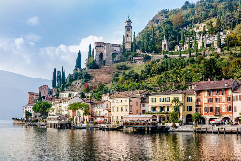 Waterfront view of Morcote village on Lake Lugano, Switzerland