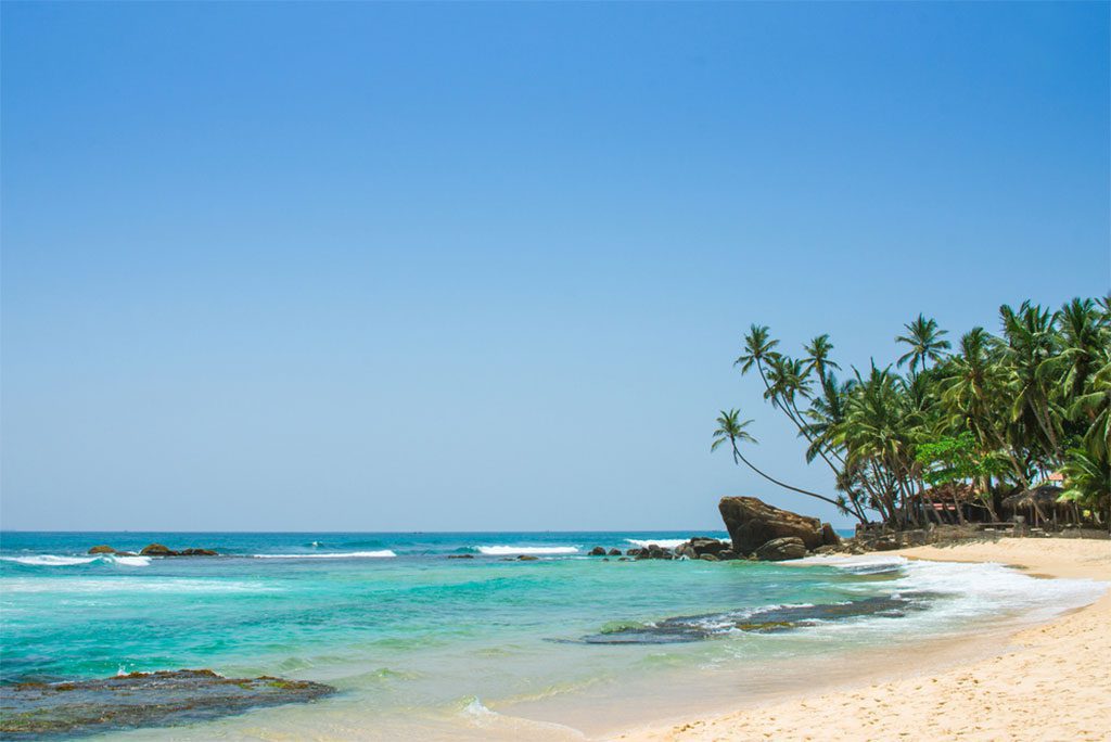 A tropical beach with palm trees and clear blue water in Unawatuna, Sri Lanka