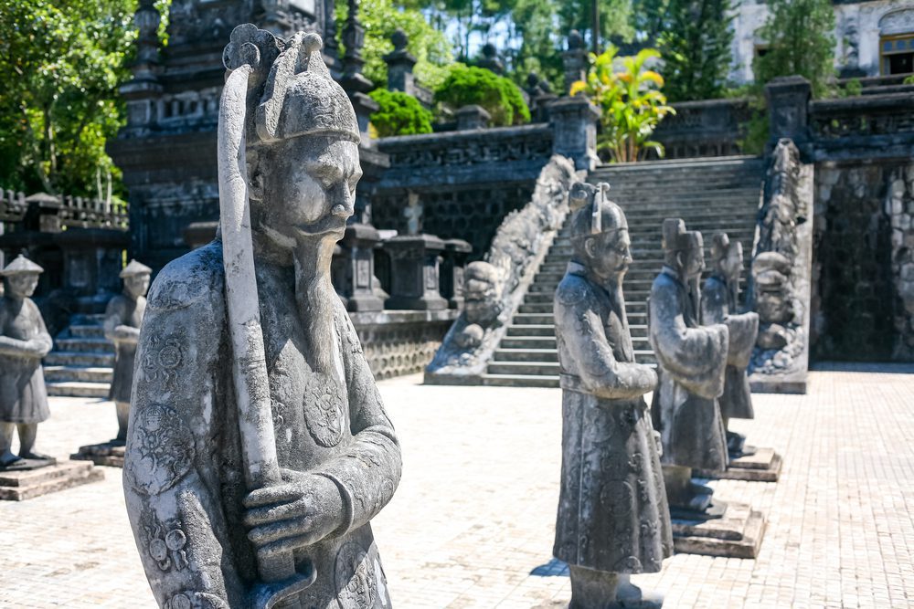 Statues of warriors in Imperial Khai Dinh Tomb in Hue, Vietnam.