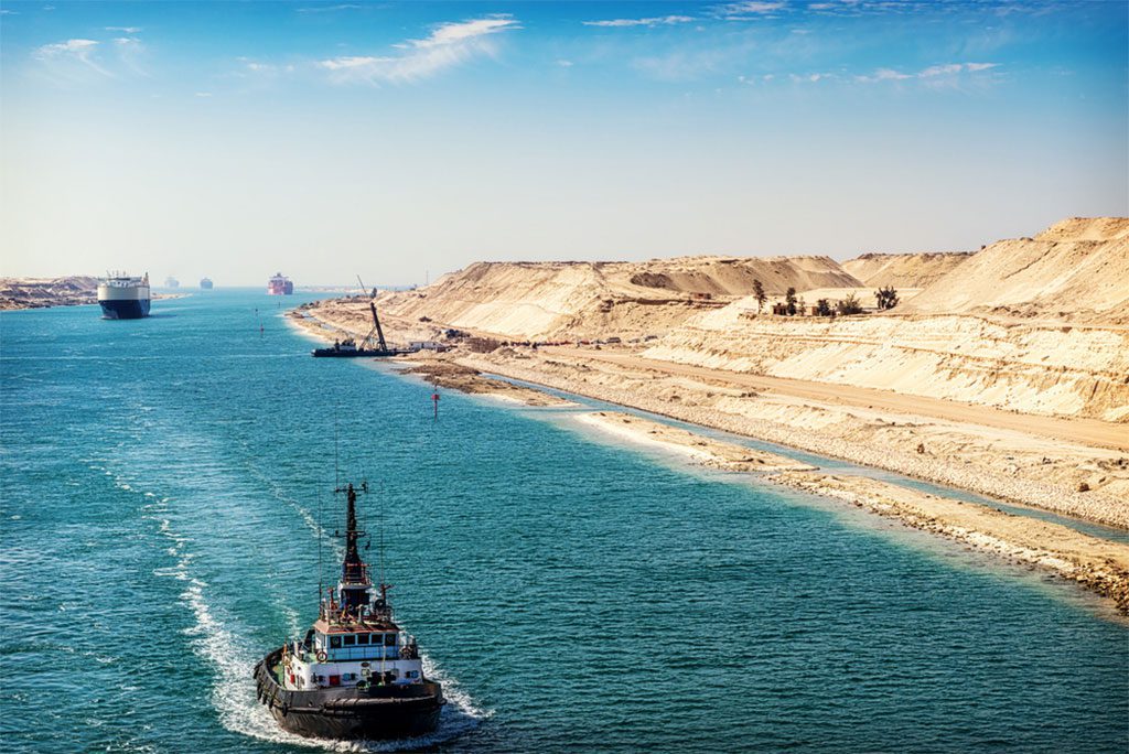 Ship convoy passing through the new eastern extension canal of the Suez Canal.