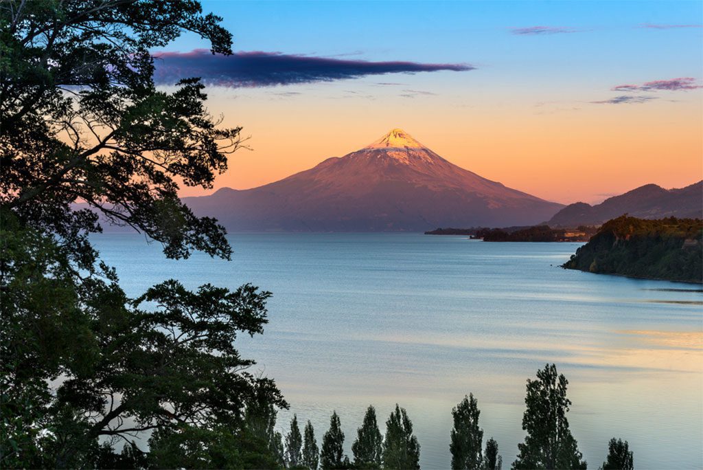View of Osorno Volcano and Lake Llanquihue in the Chilean Lake District.