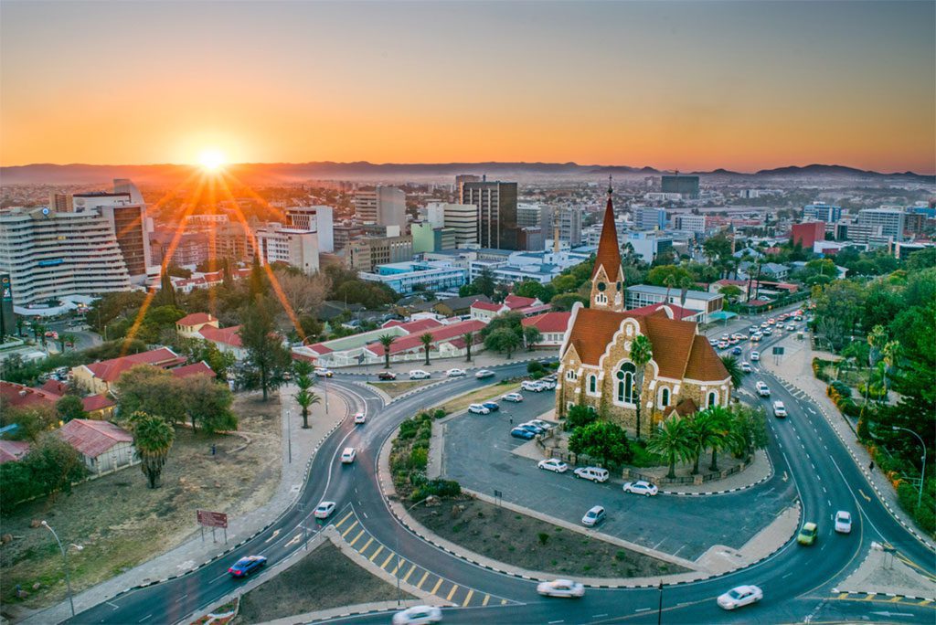 Aerial view of Windhoek, Namibia at sunset