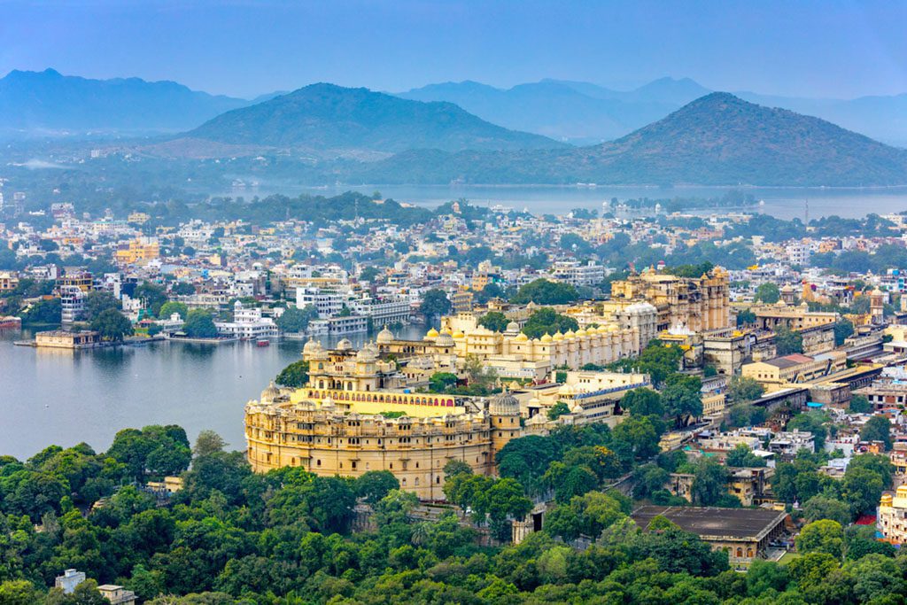 Aerial view of City Palace in Udaipur, Rajasthan
