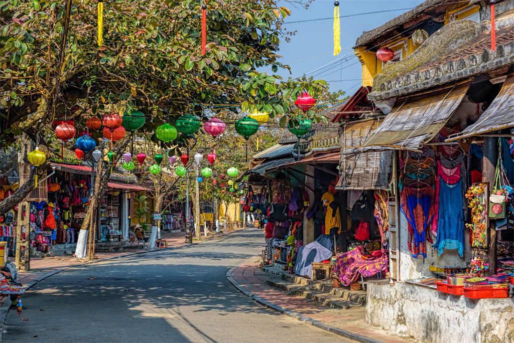 Colorful street with shops in Hoi An, Vietnam