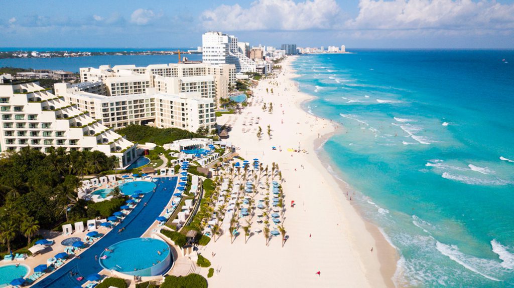 Aerial view of a beautiful beach in Cancun, Mexico.