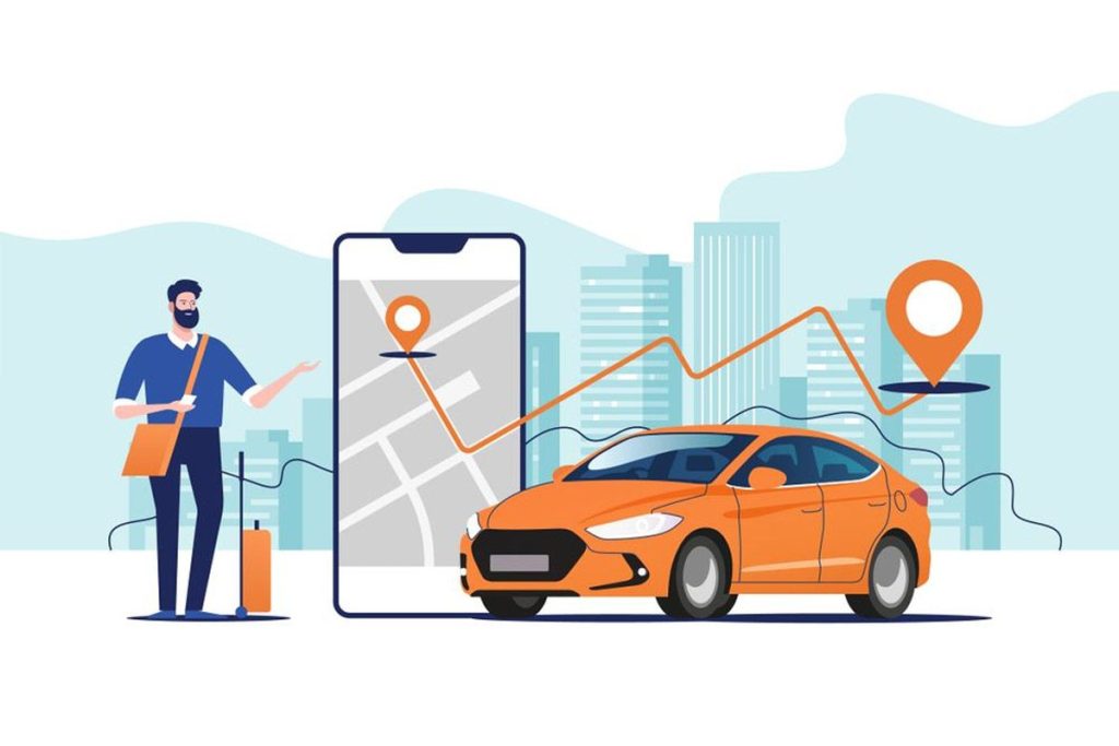 "Illustration of an orange car with a smartphone showing a route and points of interest on a city map"

