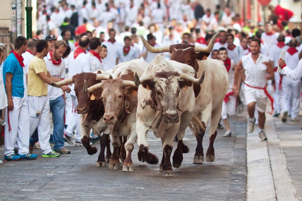 People running from bulls on the streets during San Fermin festival in Pamplona, Spain