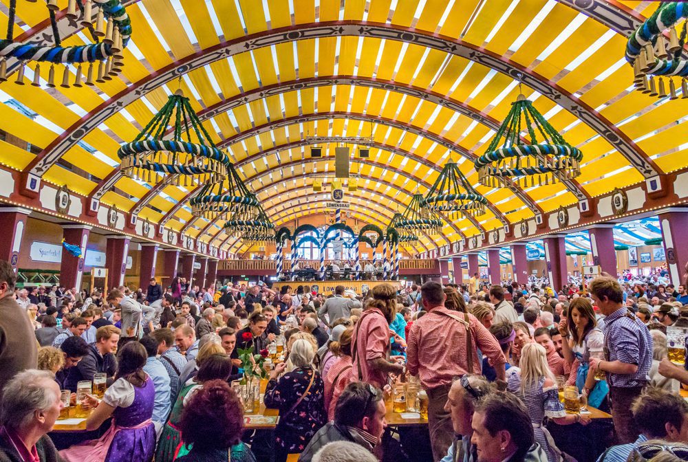 Interior view of the Loewenbraeu-Festhalle tent at Oktoberfest in Munich, Germany.