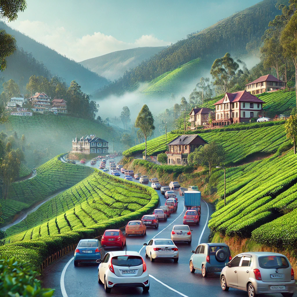 A picturesque scene in Ooty, India, showing a small traffic jam with a few cars on a narrow road surrounded by lush green hills, tea plantations, and mist-covered mountains.