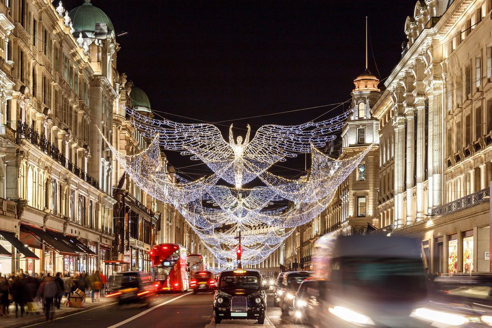 Christmas lights illuminating Mayfair, London, England - a festive scene in the heart of the city.