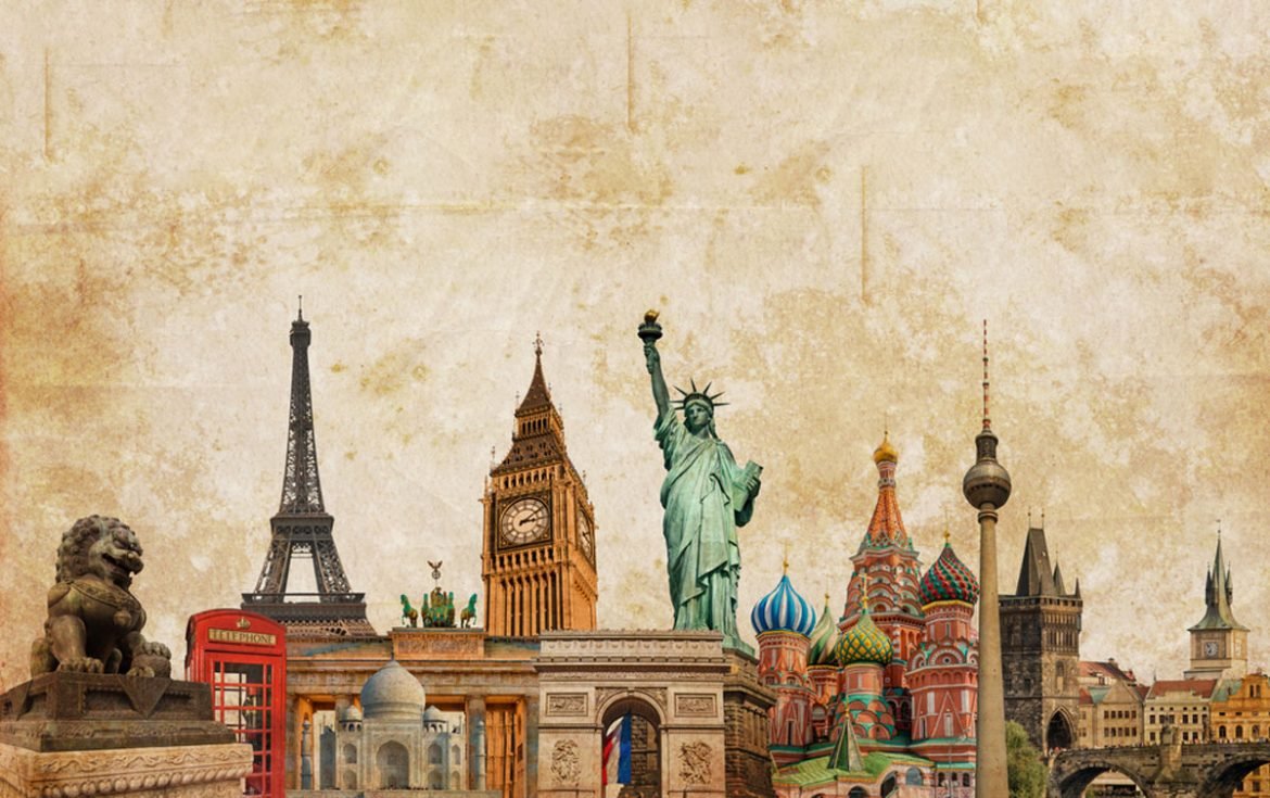 Photo Collage of World Landmarks on Vintage Background: Best Places to Visit in August in the World. Best Places to Visit in August in the World - Photo Collage of World Landmarks on Vintage Background.