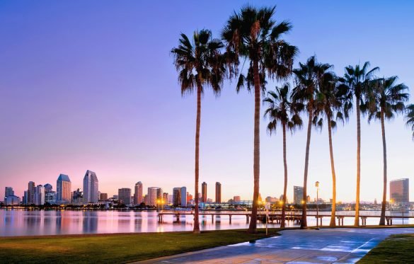 Vibrant sunrise on Coronado Island, San Diego, California, USA, representing things to do in San Diego for young adults.