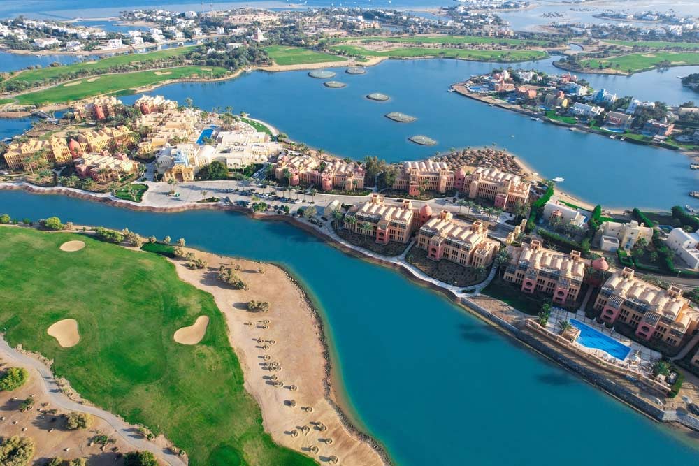 Overview of beautiful El Gouna's Lagoons by the Golf field Red Sea, Egypt
