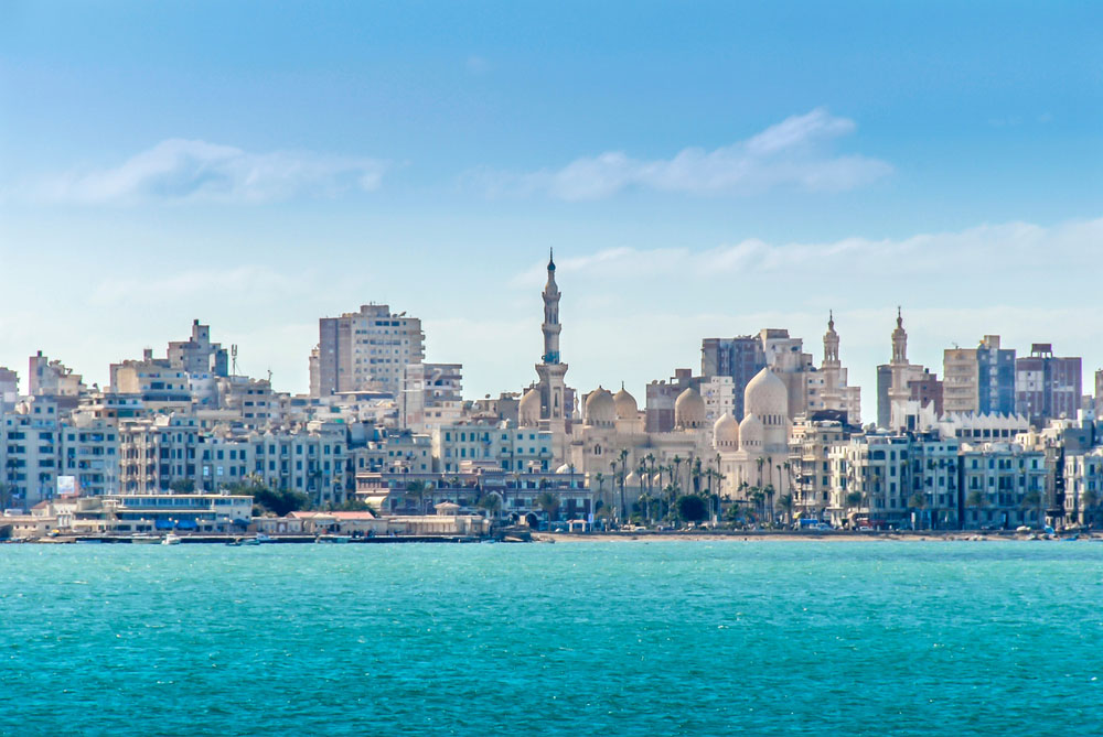 Alexandria, Egypt - 21 February 2018: View of Alexandria harbor, buildings