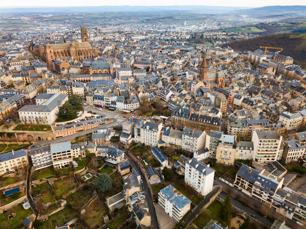 View from drone of town of Rodez with Cathedral of Notre-Dame, France.